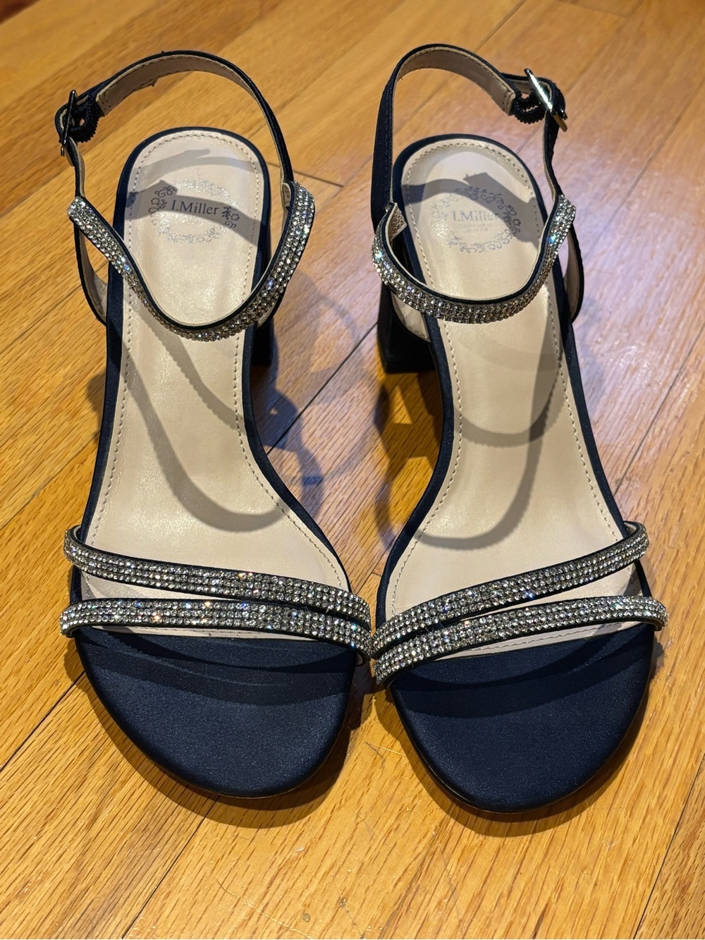 I. Miller Navy Rhinestone-Strap Block Heel Sandals
